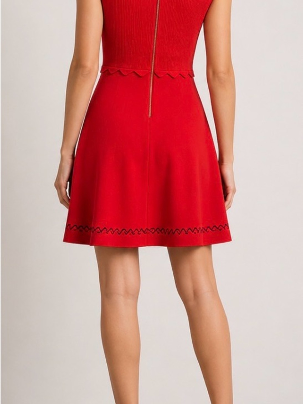 Ted Baker London Red Fit & Flare Knit Dress Scallop Waist Sleeveless Zip Back - Picture 3 of 4